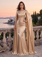 Satin Evening Dresses Sheath Boat Neck Sleeveless Floor Length Ruched with Cape for Formal