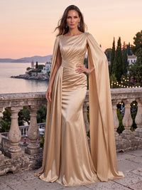 Satin Evening Dresses Sheath Boat Neck Sleeveless Floor Length Ruched with Cape for Formal