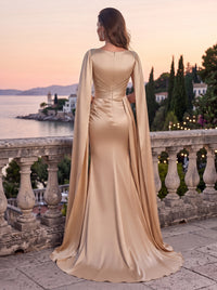 Satin Evening Dresses Sheath Boat Neck Sleeveless Floor Length Ruched with Cape for Formal