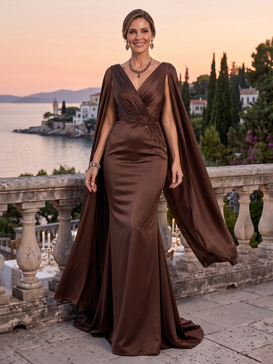 Satin Evening Dresses Sheath V Neck Sleeveless Floor Length Ruched Formal Dresses