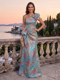 Jacquard Evening Dresses One Shoulder Sleeveless Floor Length Ruched with Bow for Party Formal