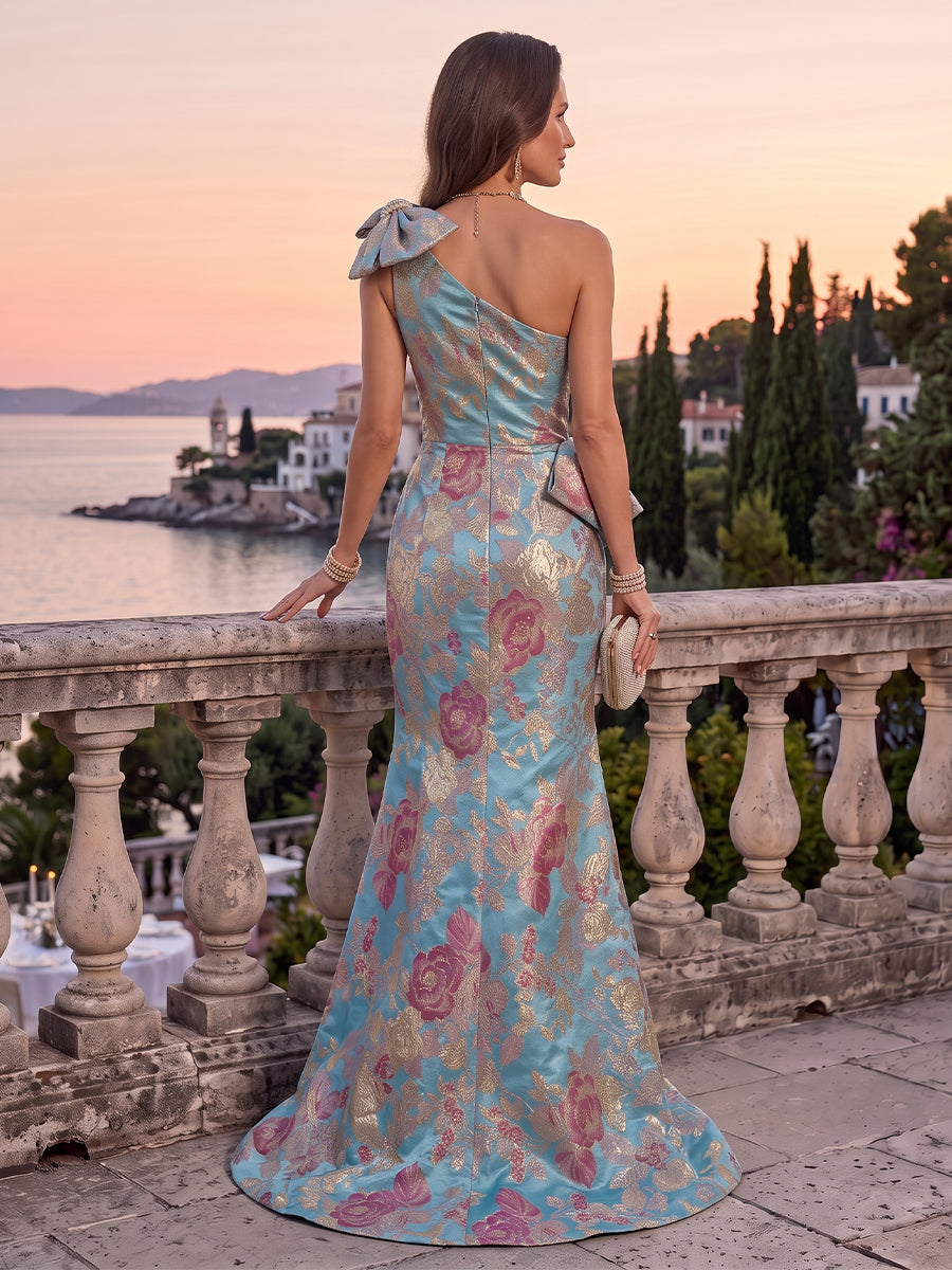 Jacquard Evening Dresses One Shoulder Sleeveless Floor Length Ruched with Bow for Party Formal