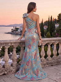 Jacquard Evening Dresses One Shoulder Sleeveless Floor Length Ruched with Bow for Party Formal