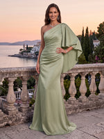 Satin Evening Dresses Sheath One Shoulder Sleeveless Floor Length Ruched with Cape for Party Gala