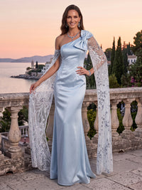 Satin Evening Dresses Sheath One Shoulder Cape Sleeves Floor Length with Bow for Prom