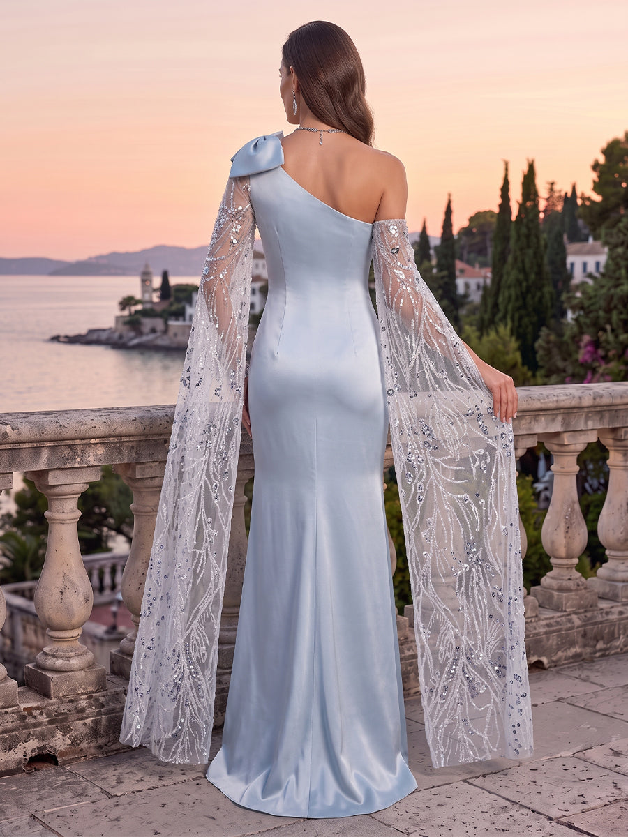Satin Evening Dresses Sheath One Shoulder Cape Sleeves Floor Length with Bow for Prom