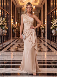 Satin Evening Dresses Sheath One Shoulder Sleeveless Floor Length Ruffles for Formal