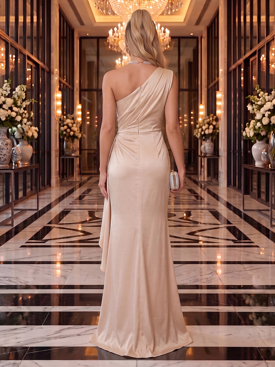 Satin Evening Dresses Sheath One Shoulder Sleeveless Floor Length Ruffles for Formal