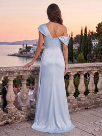 Satin Evening Dresses Sheath One Shoulder Sleeveless Floor Length Ruched with Slit for Formal Party