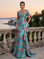 Jacquard Evening Dresses Mermaid Off the Shoulder Sleeveless Floor Length Ruffles for Formal