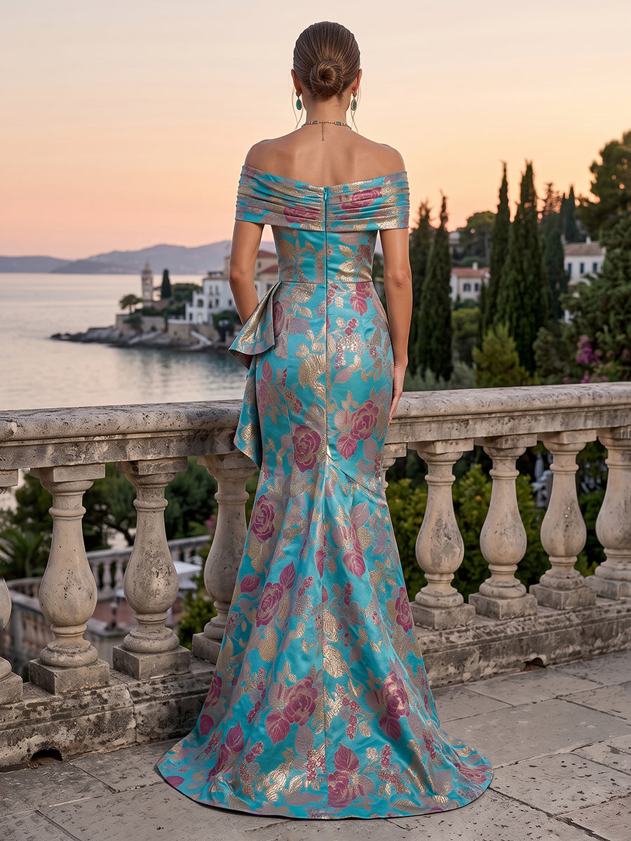 Jacquard Evening Dresses Mermaid Off the Shoulder Sleeveless Floor Length Ruffles for Formal