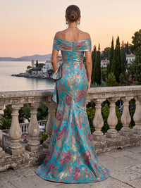 Jacquard Evening Dresses Mermaid Off the Shoulder Sleeveless Floor Length Ruffles for Formal