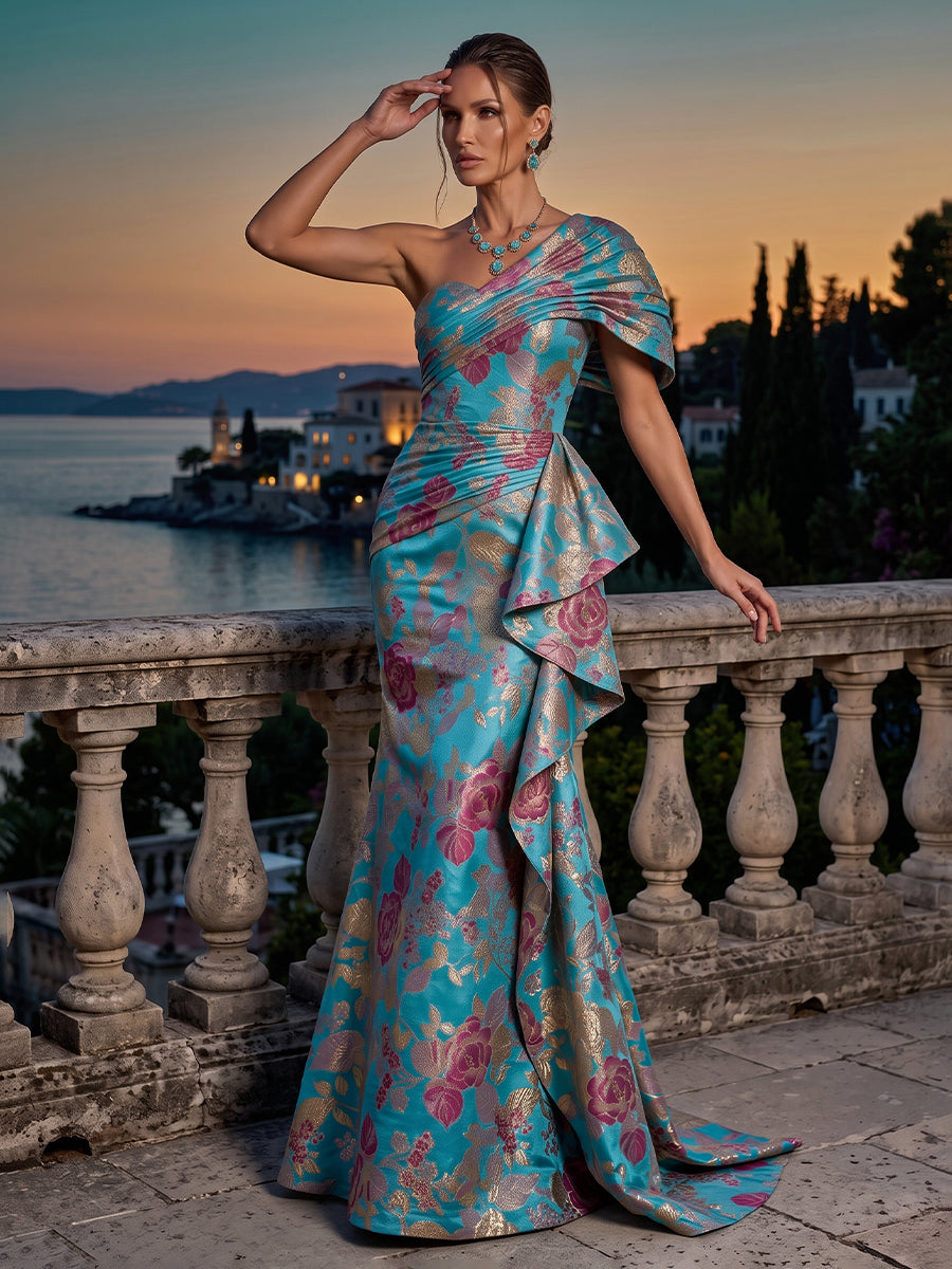 Jacquard Evening Dresses Sheath One Shoulder Sleeveless Floor Length Ruffles for Formal Gala