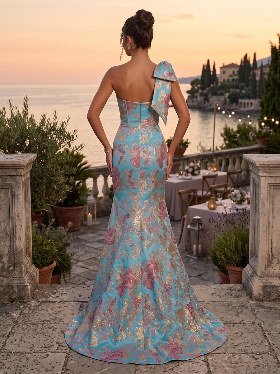 Jacquard Evening Dresses Mermaid One Shoulder Sleeveless Floor Length with Bow for Formal