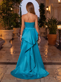 Satin Evening Dresses A Line Strapless Sleeveless Floor Length Ruffles for Formal