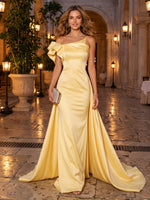 Satin Evening Dresses A Line One Shoulder Sleeveless Floor Length Ruched with Train for Formal