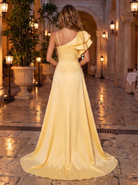Satin Evening Dresses A Line One Shoulder Sleeveless Floor Length Ruched with Train for Formal