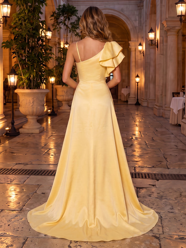 Satin Evening Dresses A Line One Shoulder Sleeveless Floor Length Ruched with Train for Formal