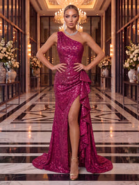 Sequin Evening Dresse Sheath One Shoulder Sleeveless Floor Length Ruffles with Slit for Party Prom
