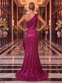 Sequin Evening Dresse Sheath One Shoulder Sleeveless Floor Length Ruffles with Slit for Party Prom