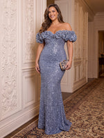 Plus Size Sequin Evening Dresses Mermaid/Sheath Ruffles Off the Shoulder Floor Length for Party Prom