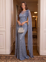 Sequin Evening Dresses Mermaid/Sheath Cape Sleeves Round Neck Floor Length Formal Party Dresses