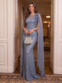 Sequin Evening Dresses Mermaid/Sheath Cape Sleeves Round Neck Floor Length Formal Party Dresses