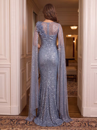Sequin Evening Dresses Mermaid/Sheath Cape Sleeves Round Neck Floor Length Formal Party Dresses