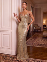 Spaghetti Straps Sequin Evening Dresses Mermaid/Sheath V Neck Floor Length Formal Party Dresses