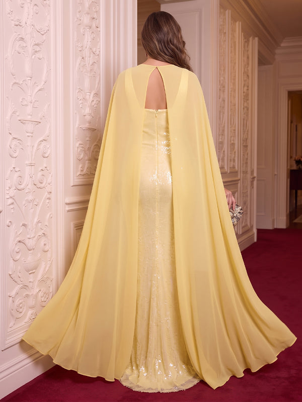 Spaghetti Straps Sequin Plus Size Evening Dresses Mermaid/Sheath Floor Length Formal Party Dresses with Cape