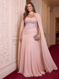 Strapless Sequin Plus Size Evening Dresses Mermaid/Sheath Floor Length Formal Party Dresses with Cape