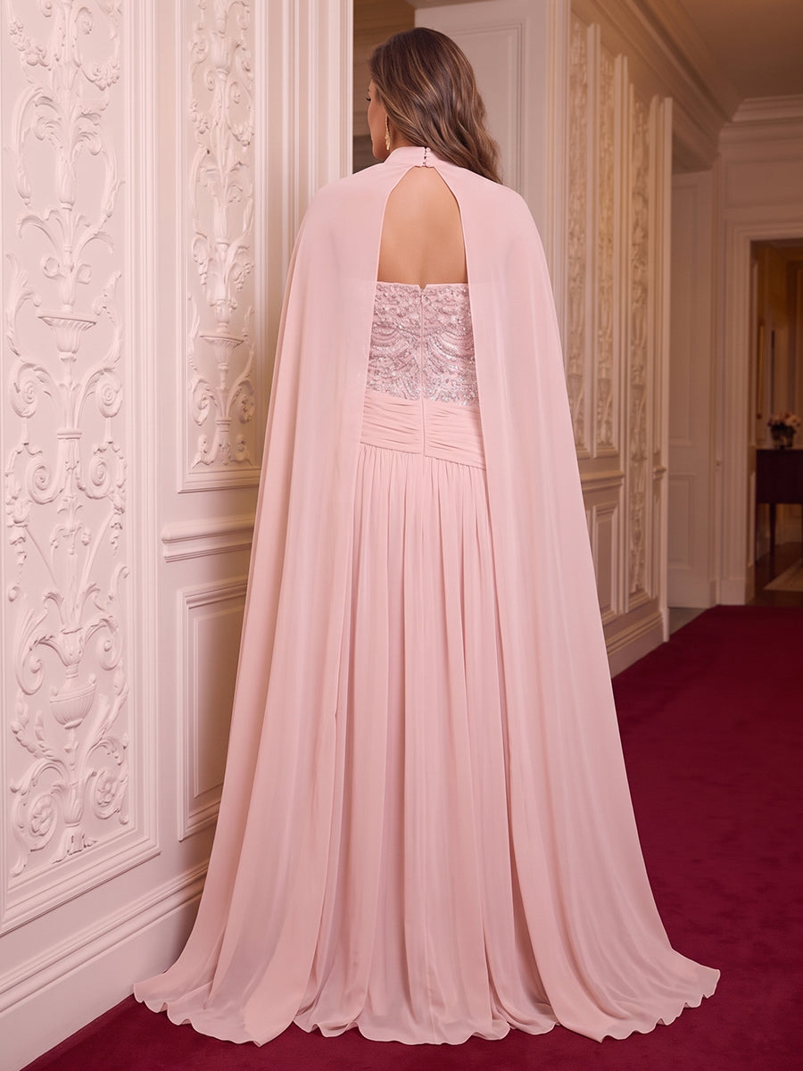 Strapless Sequin Plus Size Evening Dresses Mermaid/Sheath Floor Length Formal Party Dresses with Cape