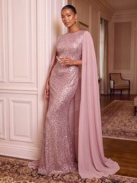 Cape Sleeves Sequin Evening Dresses Mermaid/Sheath Round Neck Floor Length Formal Party Dresses