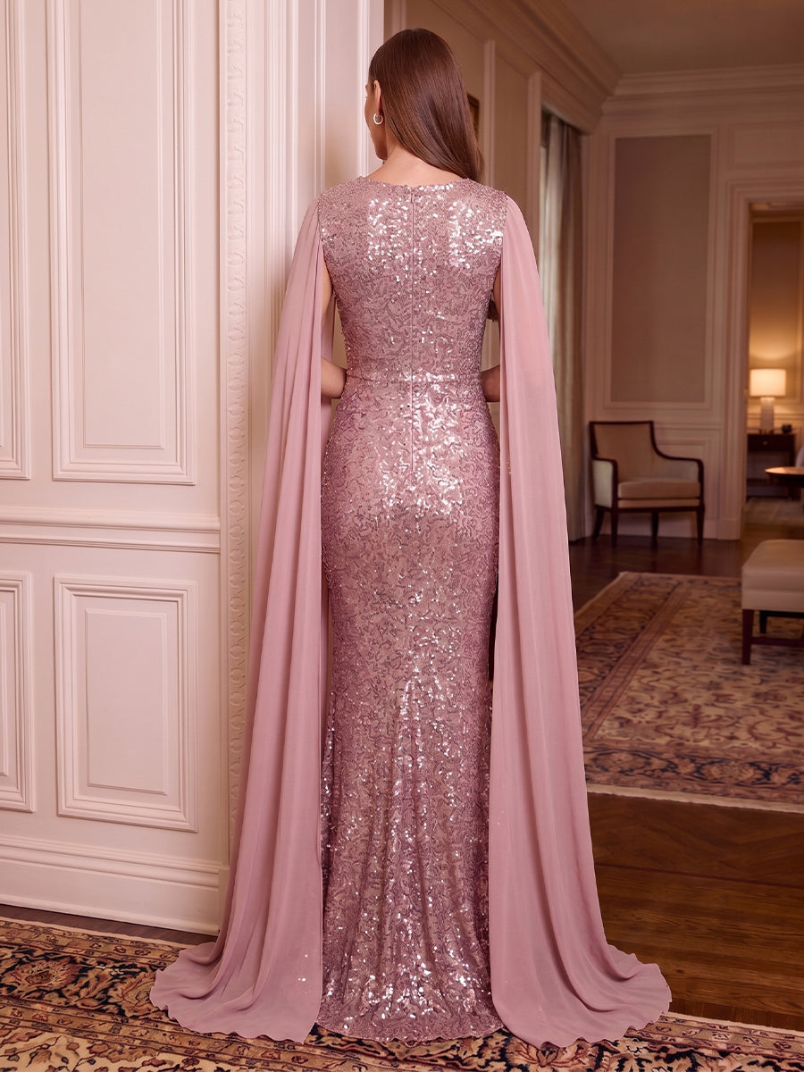 Cape Sleeves Sequin Evening Dresses Mermaid/Sheath Round Neck Floor Length Formal Party Dresses