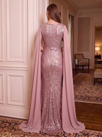 Cape Sleeves Sequin Evening Dresses Mermaid/Sheath Round Neck Floor Length Formal Party Dresses