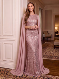 Cape Sleeves Sequin Evening Dresses Mermaid/Sheath Round Neck Floor Length Formal Party Dresses