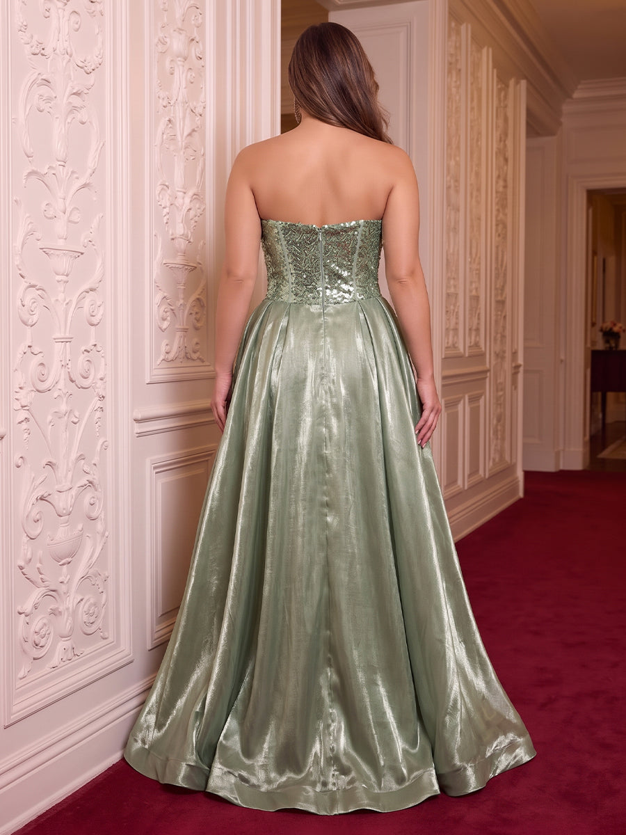 Plus Size Strapless Sequin Evening Dresses Mermaid/Sheath Floor Length Formal Party Dresses with Train