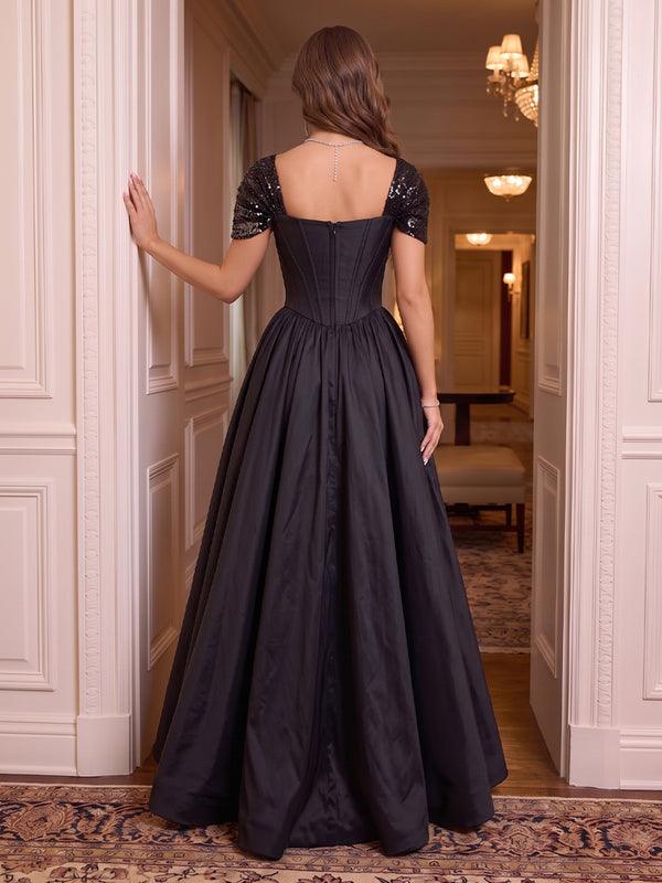 Cap Sleeves Corset Satin Evening Dresses A Line Sweetheart Floor Length Formal Party Dresses