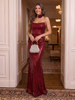 Strapless Sequin Evening Dresses Mermaid/Sheath Floor Length Formal Party Dresses with 3D Flower