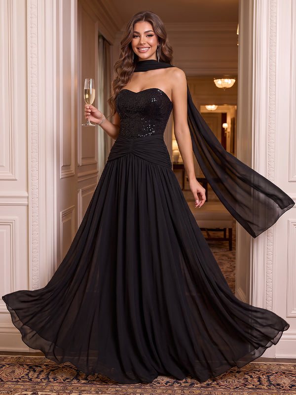 Strapless Sequin Evening Dresses A LIne Floor Length Prom Party Dresses with Scarf
