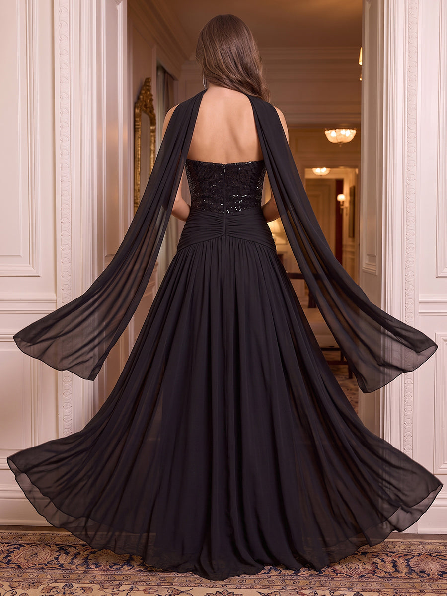 Strapless Sequin Evening Dresses A LIne Floor Length Prom Party Dresses with Scarf