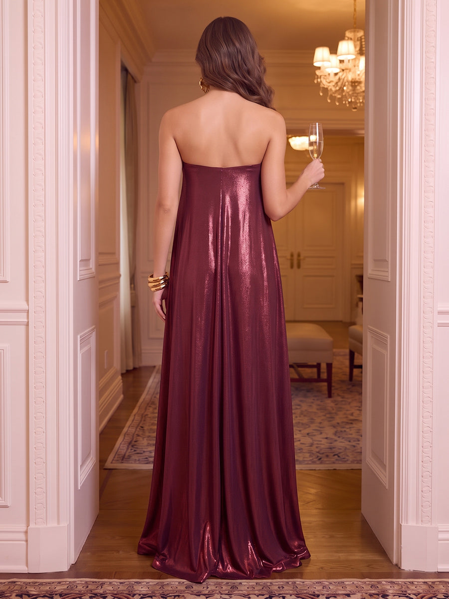 Strapless Metallic Satin Evening Dresses A LIne Floor Length Prom Party Dresses
