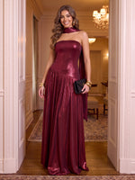 Strapless Metallic Satin Evening Dresses A LIne Floor Length Prom Party Dresses with Scarf