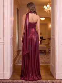 Strapless Metallic Satin Evening Dresses A LIne Floor Length Prom Party Dresses with Scarf