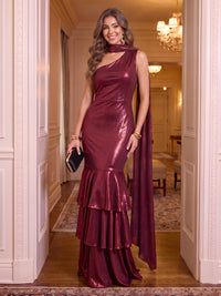 One Shoulder Metallic Satin Evening Dresses Mermaid/Sheath Tiered Long Prom Party Dresses with Scarf