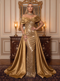 Off the Shoulder Sequin Evening Dresses A LIne Long Prom Party Dresses with Train