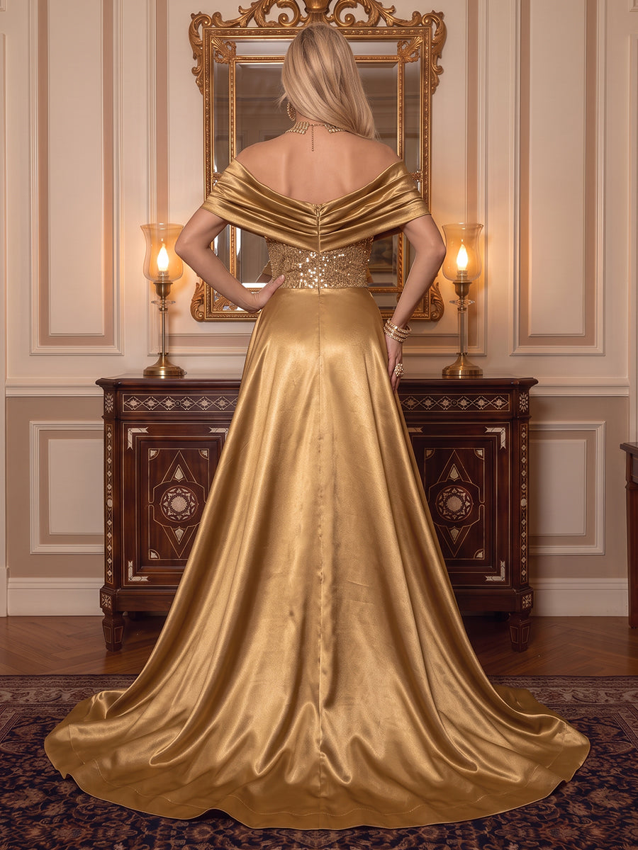Off the Shoulder Sequin Evening Dresses A LIne Long Prom Party Dresses with Train