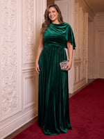 Plus Size Velvet Evening Dresses A Line Short Sleeves Round Neck Long Formal Party Dresses