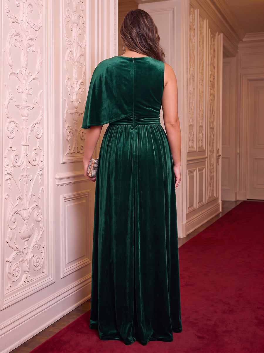 Plus Size Velvet Evening Dresses A Line Short Sleeves Round Neck Long Formal Party Dresses