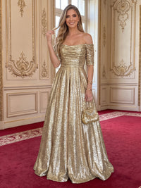 Off the Shoulder Metallic Satin Evening Dresses Short Sleeves Floor Length A Line Formal Party Dresses